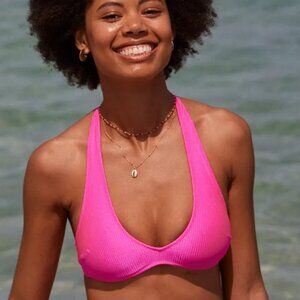 AERIE SHINE PINK RIBBED HALTER BIKINI TOP SIZE SMALL NWT
